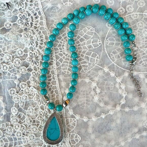 Turquoise Beaded Necklace with Silver Accents 18.5" - 21" - Picture 5 of 7